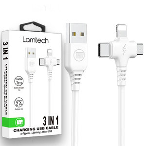 LAMTECH 3 IN 1 CHARGING USB CABLE TO TYPE-C/LIGHTNING/MICRO USB 1M WHITE