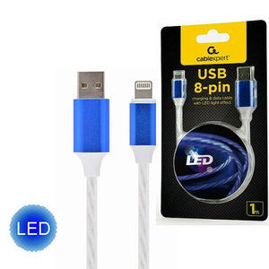 CABLEXPERT USB 8-PIN CHARGE & DATA CABLE WITH LED LIGHT FX 1M BLUE