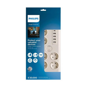 Philips SPN7060WA/GRS Πολύπριζο ασφαλείας 6 θέσεων με 1 USB Type-C 15 W και 4 USB Type-A 20 W