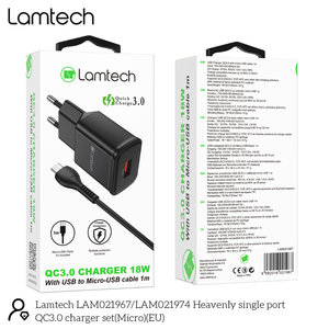 LAMTECH QUICK CHARGER USB3.0 18W WITH MICRO USB CABLE 1M BLACK
