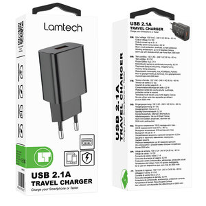 LAMTECH USB TRAVEL CHARGER 2,1A BLACK