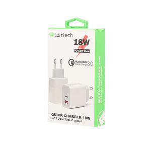 LAMTECH QUICK CHARGER 18W QC3.0 AND TYPE-C OUTPUT WHITE