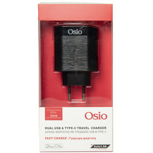 Osio OTU-5904B Διπλός φορτιστής κινητού με USB Type-C και USB Type-A – 18W