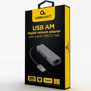 CABLEXPERT USB AM GIGABIT NETWORK ADAPTER WITH 3-PORT USB 3.0 HUB