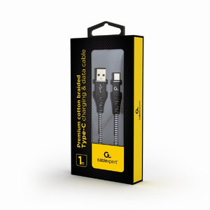 CABLEXPERT PREMIUM COTTON BRAIDED TYPE-C USB CHARGING AND DATA CABLE 1M BLACK/WHITE RETAIL PACK