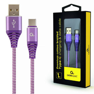 CABLEXPERT PREMIUM COTTON BRAIDED TYPE-C USB CHARGING AND DATA CABLE 1M PURPLE/WHITE RETAIL PACK
