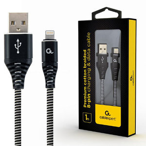 CABLEXPERT PREMIUM COTTON BRAIDED LIGHTNING CHARGING AND DATA CABLE 1M BLACK/WHITE RETAIL PACK