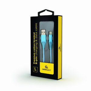 CABLEXPERT PREMIUM COTTON BRAIDED LIGHTNING CHARGING AND DATA CABLE 1M TURQUOISE/WHITE RETAIL PACK