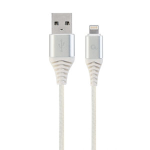 CABLEXPERT PREMIUM COTTON BRAIDED LIGHTNING CHARGING AND DATA CABLE 1M SILVER/WHITE RETAIL PACK