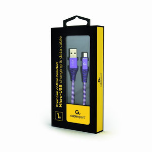 CABLEXPERT PREMIUM COTTON BRAIDED MICRO-USB CHARGING AND DATA CABLE 1M PURPLE/WHITE RETAIL PACK