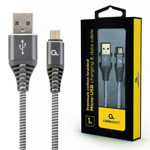 CABLEXPERT PREMIUM COTTON BRAIDED MICRO-USB CHARGING AND DATA CABLE 1M SPACEGREY/WHITE RETAIL PACK