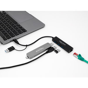DELOCK USB hub 64149 3x USB 3.2 Gen 1/Gigabit LAN 1000Mbps, 5Gbps, μαύρο
