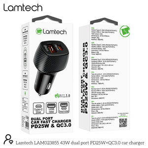 LAMTECH DUAL PORT CAR FAST CHARGER TYPE-C PD 25W & USB 18W BLACK