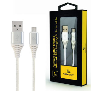 CABLEXPERT PREMIUM COTTON BRAIDED MICRO-USB CHARGING AND DATA CABLE 1M SILVER/WHITE RETAIL PACK