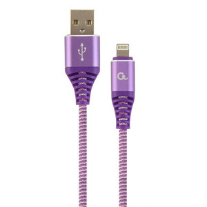 CABLEXPERT PREMIUM COTTON BRAIDED LIGHTNING CHARGING AND DATA CABLE 1M PURPLE/WHITE RETAIL PACK