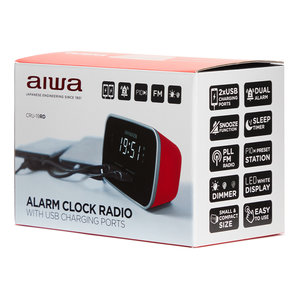 AIWA DUAL ALARM CLOCK RADIO WITH 2 CHARGING USB PORTS RED