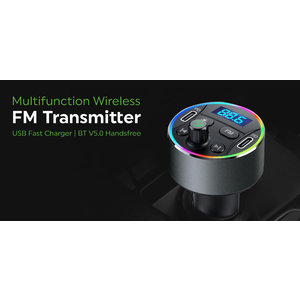 POWERTECH FM Transmitter PT-1027, οθόνη, RGB, Bluetooth 2x USB-C, μαύρος