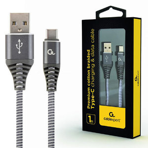 CABLEXPERT PREMIUM COTTON BRAIDED TYPE-C USB CHARGING AND DATA CABLE 1M SPACEGREY/WHITE REFURBISHED
