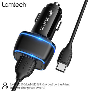 LAMTECH 2xUSB 2,4A CAR CHARGER WITH TYPE-C CABLE 1M BLACK