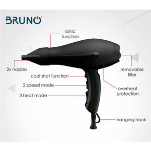 BRUNO Σεσουάρ μαλλιών BRN-0004, 2000W, με ιονιστή, 2x στόμια, AC motor