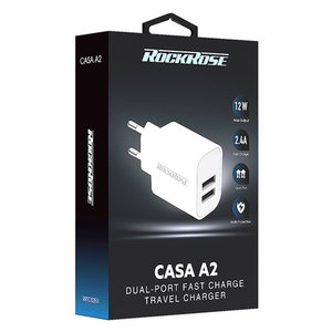 ROCKROSE φορτιστής τοίχου για πρίζα ΕU Casa A2, 2x USB, 2.4A 12W, λευκός