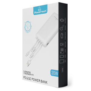 POWERTECH power bank με καλώδια PT-980 10000mAh, PD 20W & QC 18W, λευκό