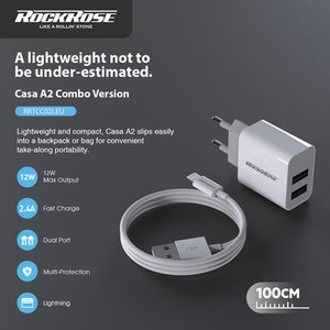 ROCKROSE φορτιστής τοίχου RRTCC02LEU καλώδιο Lightning, 2xUSB 12W, λευκό