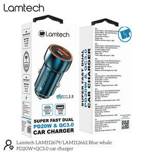 LAMTECH METAL CAR CHARGER QC3.0 & PD20W SAPHIRE BLUE