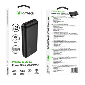 LAMTECH POWERBANK 20000MAH QC3,0+PD20W BLACK