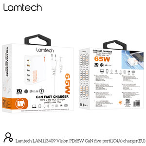 LAMTECH GAN FAST CHARGER 1xTYPE-C & 4xQC3.0 65W & EU CABLE 1.5M
