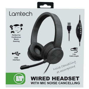 LAMTECH USB STEREO HEADPHONE WITH MIC NOISE CANCELLING BLACK